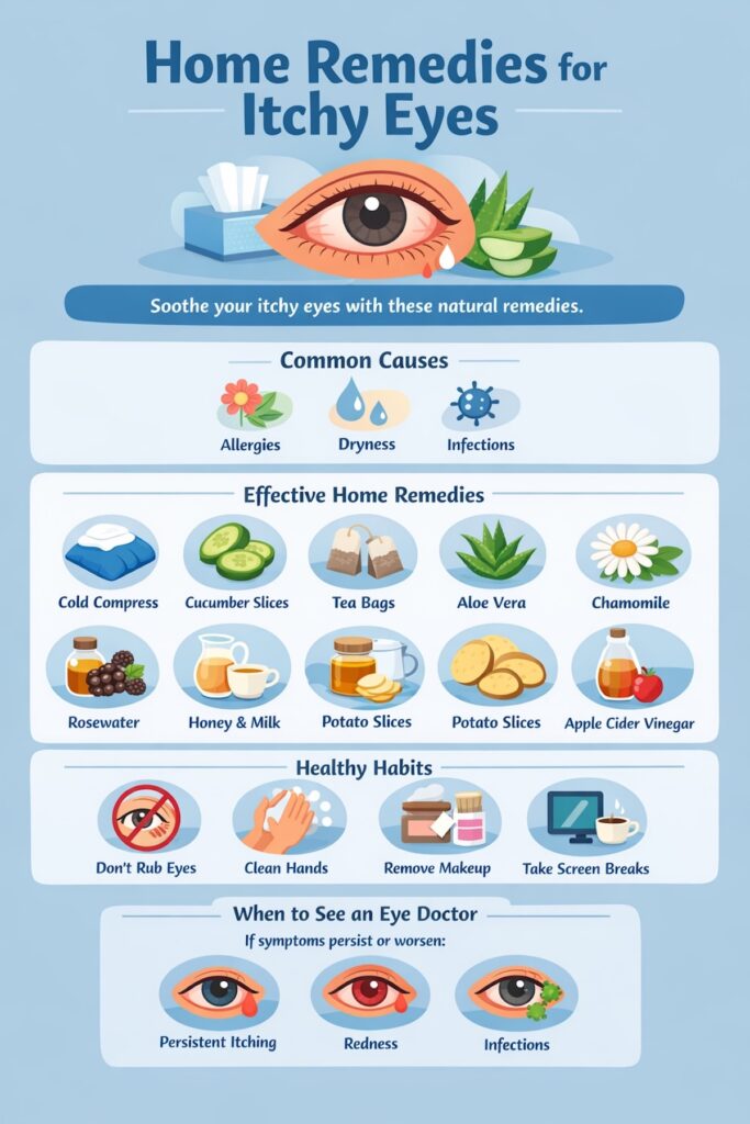 An infographic for home remedies for itchy eyes including common causes, home remedies, healthy habits, and when to see an eye doctor.