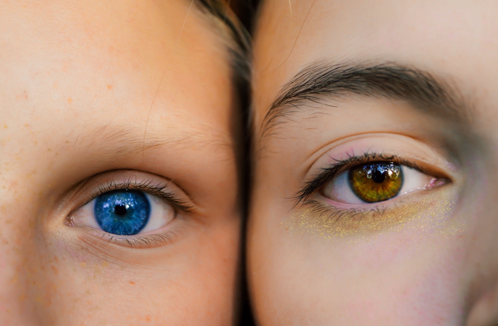 Close-up of two different eye colors, one blue and one hazel, side by side.