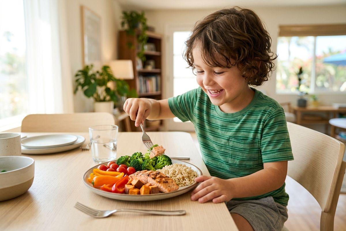 A smiling child at a dining table uses a fork to eat a piece of salmon from a plate of broccoli, peppers, sweet potatoes, and grains.