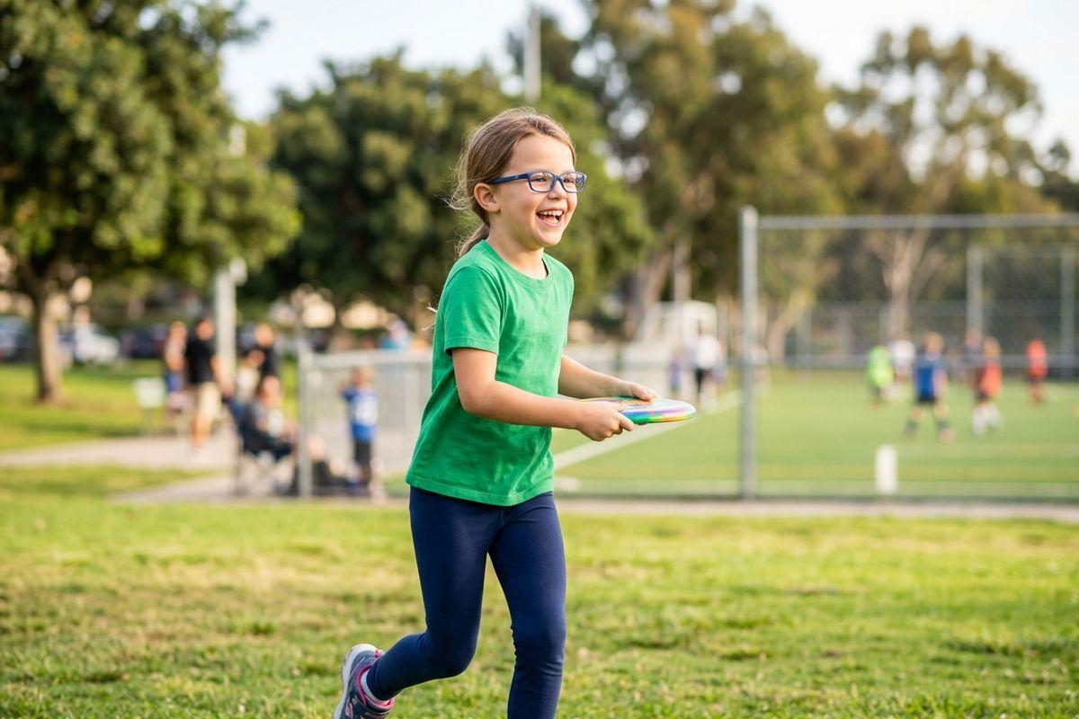 A smiling child wearing glasses runs across a grassy park holding a colorful frisbee.