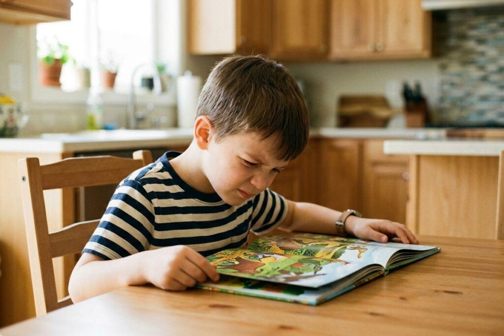 Child in a striped shirt reading an illustrated book at a wooden kitchen table, looking focused.