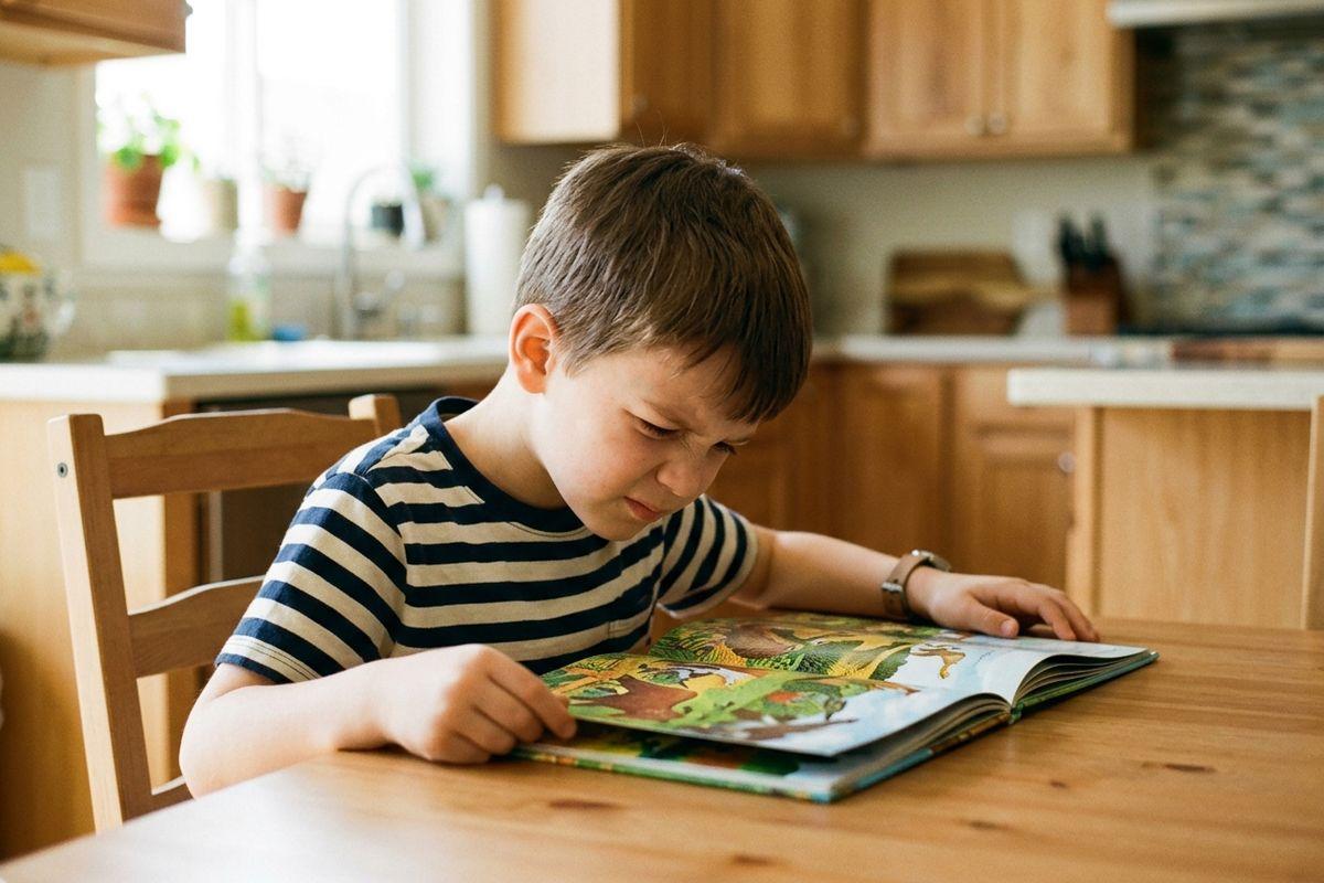 Child in a striped shirt reading an illustrated book at a wooden kitchen table, looking focused.