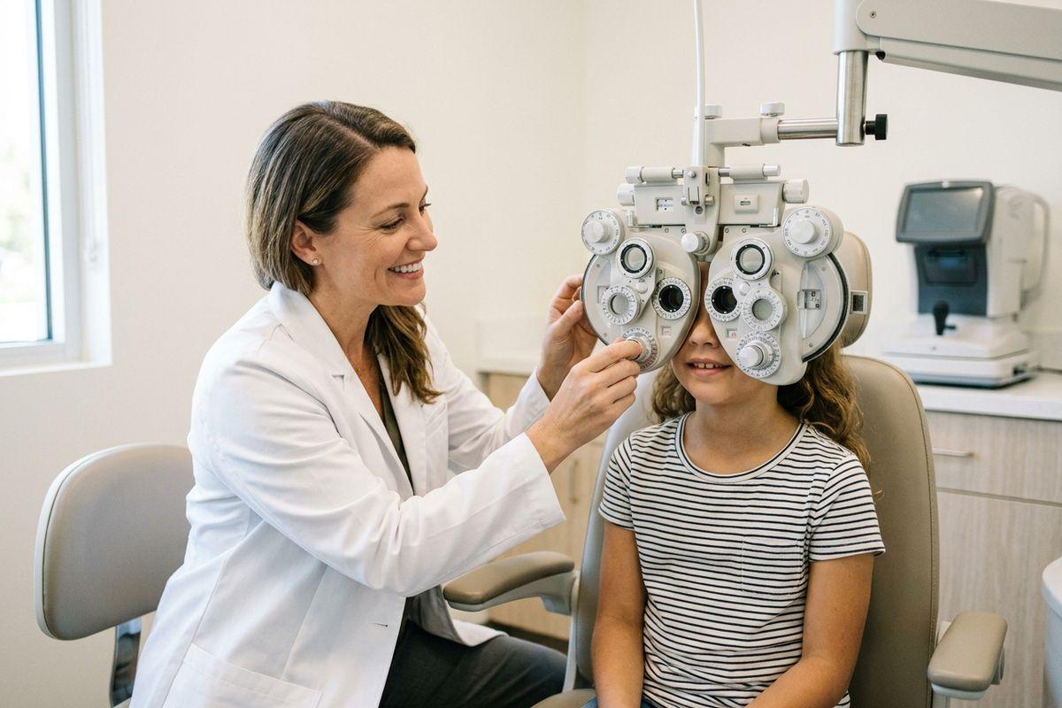 Optometrist smiling while examining a child's eyes with a phoropter in an exam room.