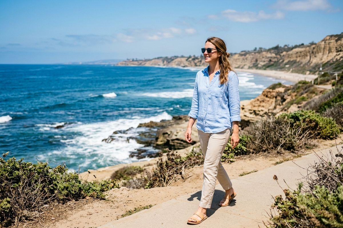 Person in blue shirt and sunglasses walking along a coastal path, smiling, with ocean waves and cliffs behind.