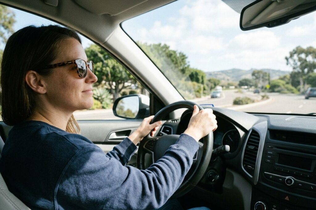 Person in sunglasses driving a car on a road with hills and trees visible through the windshield.