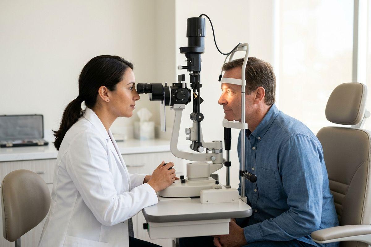 Optometrist examines a patient's eyes using a slit lamp during an eye exam.
