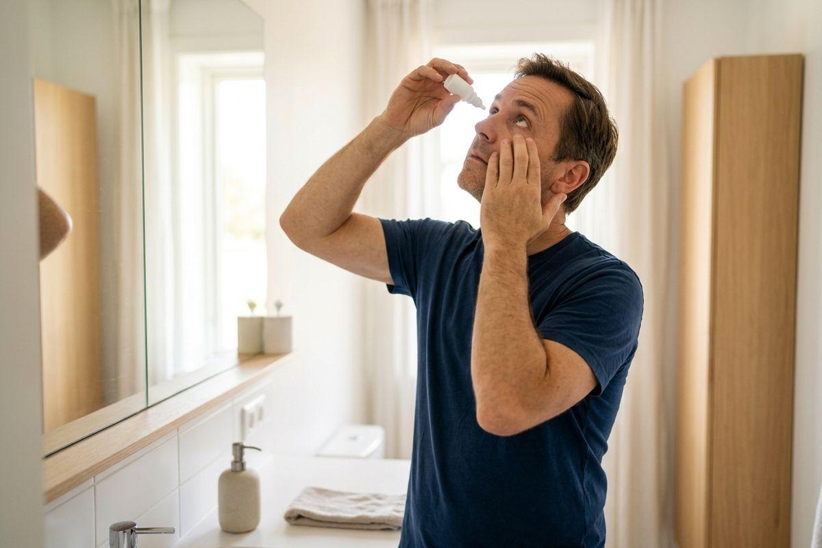 Adult applying eye drops into one eye while looking up, standing at a bathroom sink near a mirror.
